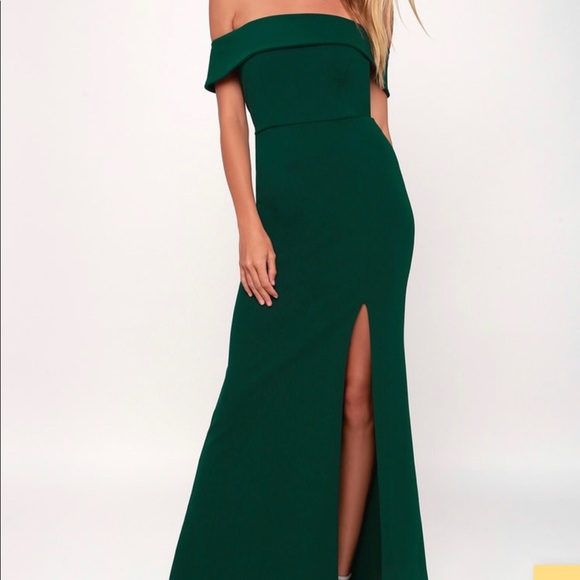 Lulus Aveline Forest Green Off-the-Shoulder Maxi Dress - Picture 1 of 4